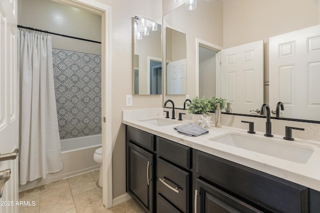 full bathroom with shower / bathtub combination with curtain, toilet, double vanity, and tile patterned floors