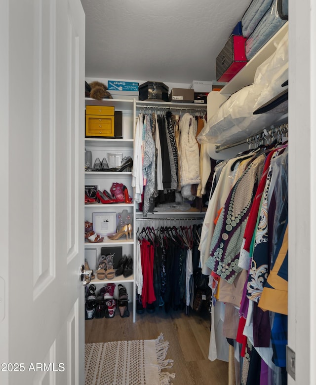 walk in closet with wood finished floors