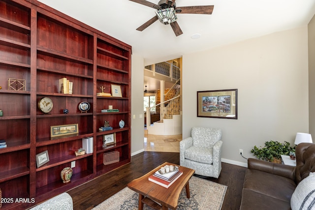 5240 Sierra Vis, Flagstaff, AZ 86001 - living room with ceiling fan, baseboards, stairs, and dark wood-style flooring