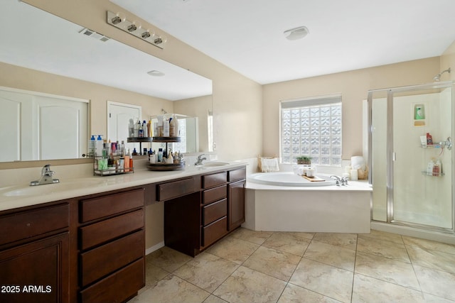 bathroom with vanity, separate shower and tub, and tile patterned floors