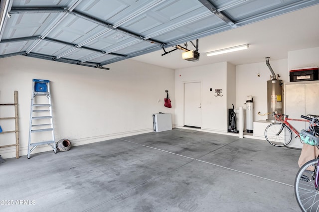 garage featuring a garage door opener and water heater