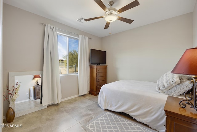 bedroom featuring a ceiling fan, visible vents, and baseboards