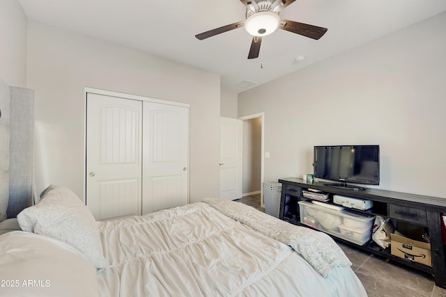 bedroom featuring ceiling fan, a closet, and visible vents