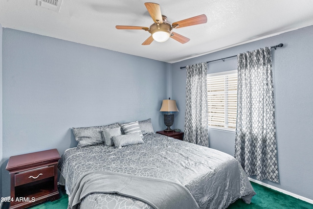 bedroom with dark colored carpet and ceiling fan