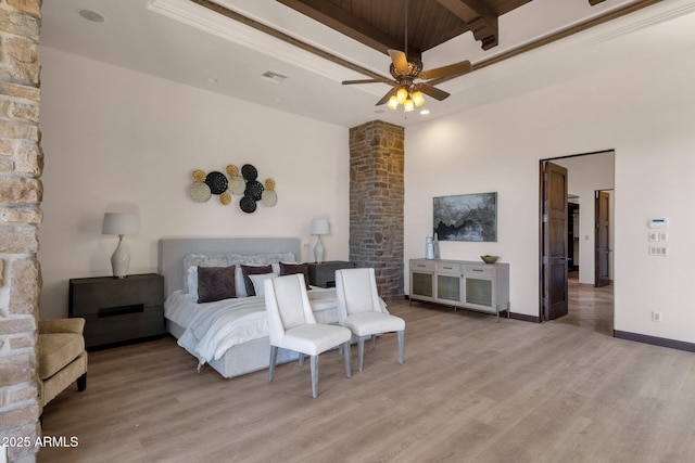 bedroom featuring wooden ceiling, visible vents, baseboards, light wood-type flooring, and beamed ceiling