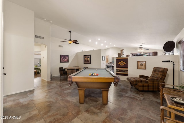 game room with ceiling fan, billiards, and lofted ceiling