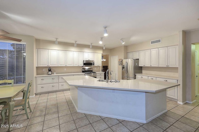 21840 N 43rd St, Phoenix, AZ 85050 - kitchen with a sink, visible vents, white cabinets, a kitchen island with sink, and appliances with stainless steel finishes