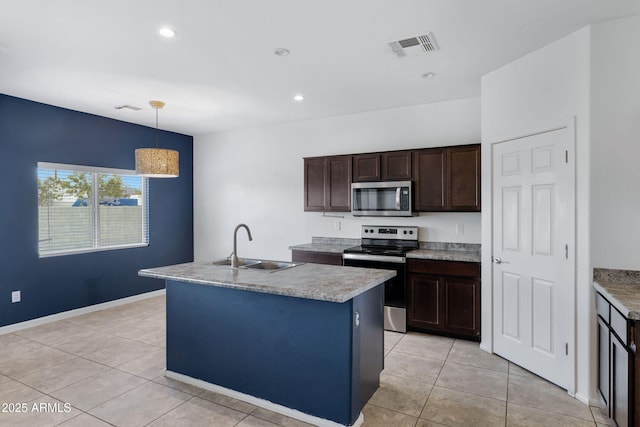 kitchen with a kitchen island with sink, visible vents, stainless steel appliances, and a sink