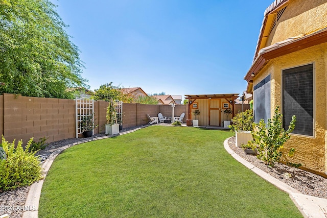 view of yard with a shed