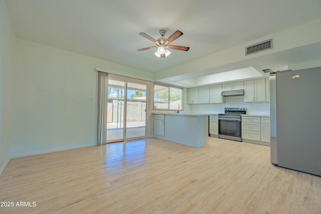 1726 W Claremont St, Phoenix, AZ 85015 - kitchen with appliances with stainless steel finishes, under cabinet range hood, ceiling fan, light wood-style flooring, and light countertops
