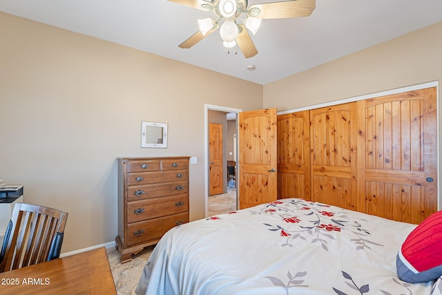 bedroom featuring ceiling fan and a closet