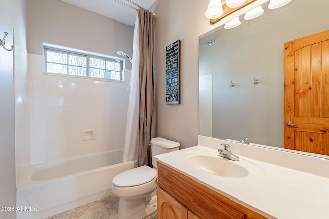 full bathroom featuring toilet, tile patterned floors, vanity, and shower / tub combo with curtain