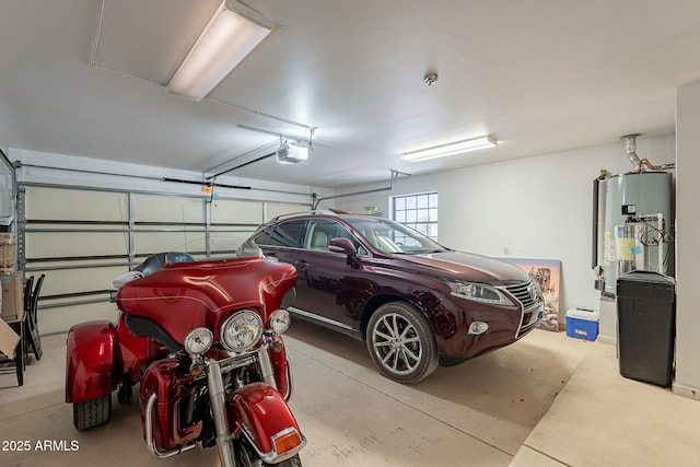 garage with a garage door opener and gas water heater