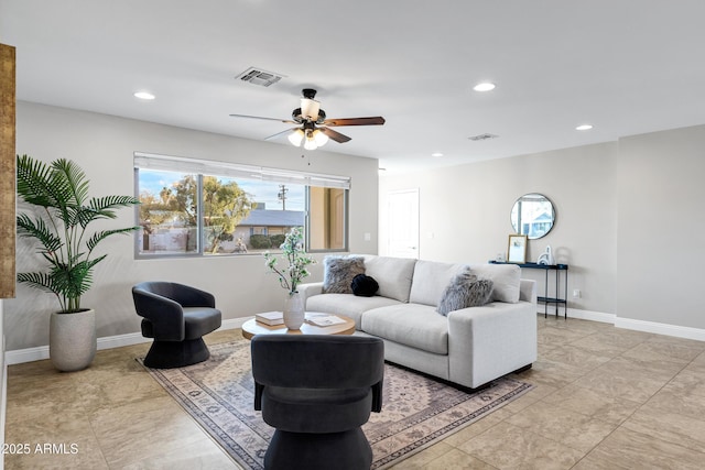 living room with ceiling fan