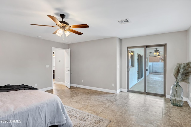 bedroom featuring ceiling fan and access to outside