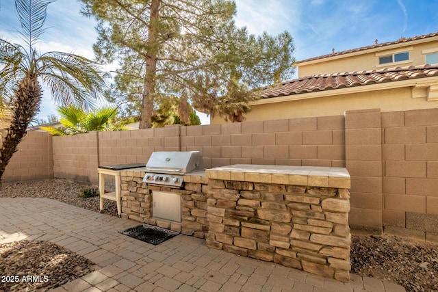 view of patio / terrace with a grill, a fenced backyard, and area for grilling