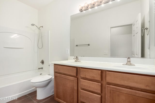 full bathroom featuring shower / washtub combination, vanity, tile patterned floors, and toilet