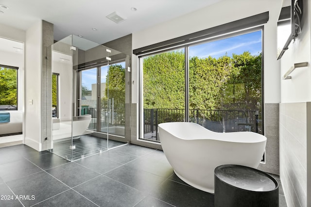 interior space with tile walls and a bathing tub