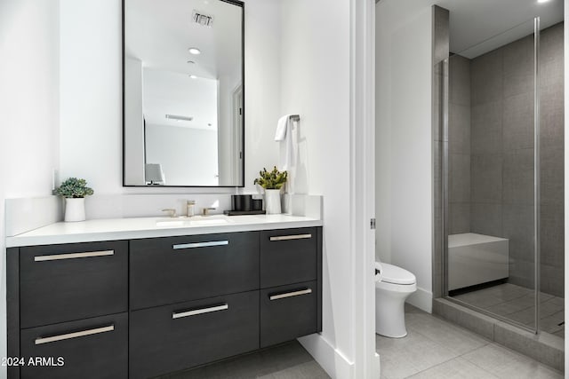 6862 E Joshua Tree Ln, Paradise Valley, AZ 85253 - full bath featuring vanity, toilet, a stall shower, tile patterned flooring, and baseboards