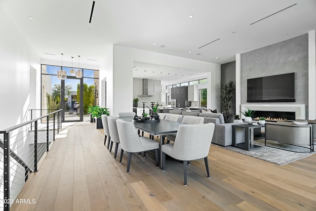 dining room featuring a fireplace, light hardwood / wood-style flooring, and a healthy amount of sunlight