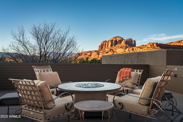 view of patio with a mountain view