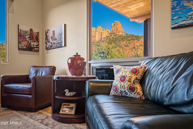 sitting room with wood ceiling