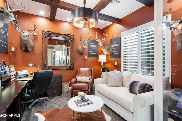 home office featuring beam ceiling