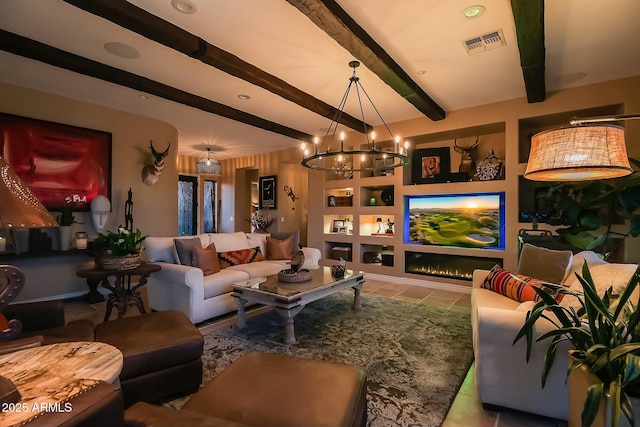 tiled living room featuring beam ceiling, wooden walls, and an inviting chandelier