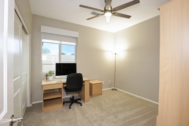 9295 W Wood Dr, Peoria, AZ 85381 - office area featuring baseboards, light carpet, visible vents, and ceiling fan