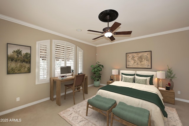 bedroom with ceiling fan, crown molding, and light carpet