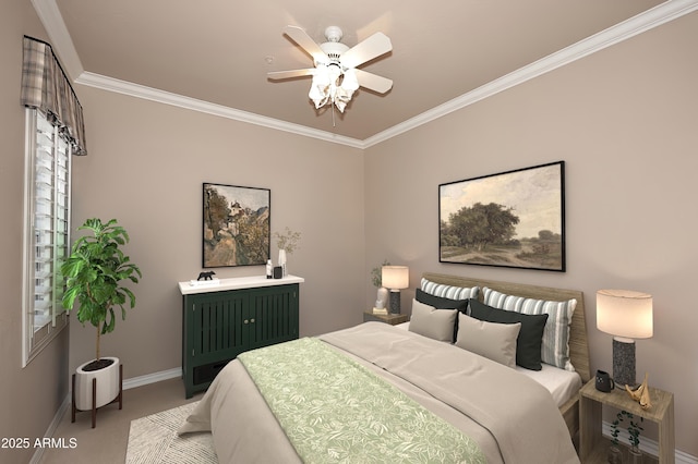 carpeted bedroom featuring ceiling fan and ornamental molding