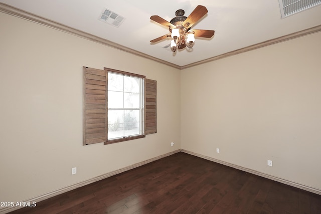 unfurnished room with ceiling fan, ornamental molding, and dark hardwood / wood-style flooring