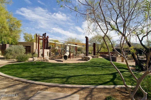 view of jungle gym featuring a yard