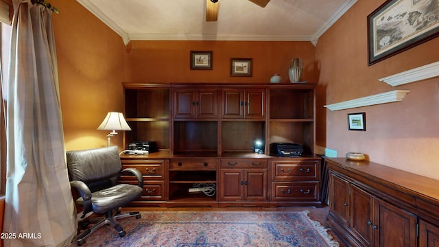 home office with ceiling fan and ornamental molding