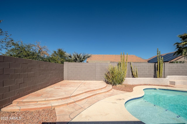 view of pool with a fenced backyard, a fenced in pool, and a patio