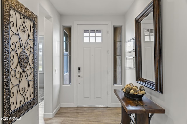 entrance foyer with a wealth of natural light and light hardwood / wood-style flooring