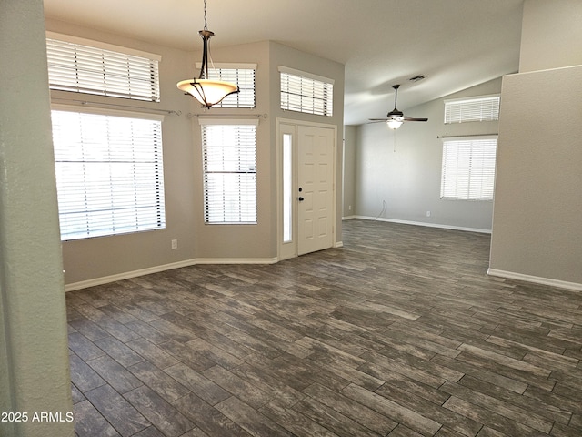 entryway featuring visible vents, baseboards, a ceiling fan, lofted ceiling, and dark wood-style flooring