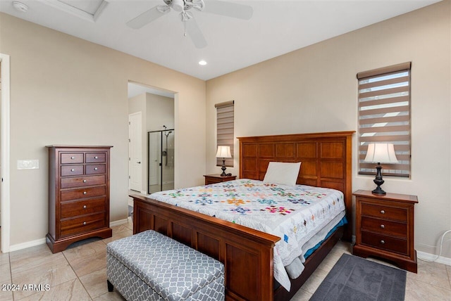 bedroom featuring light tile patterned floors and ceiling fan