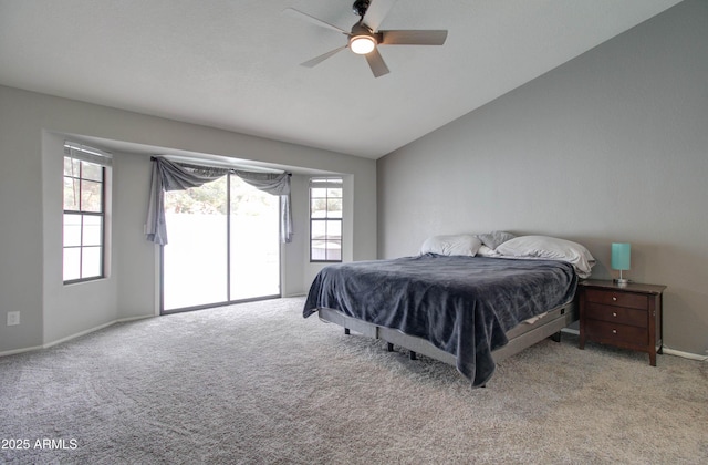 bedroom with ceiling fan, carpet, access to exterior, and vaulted ceiling