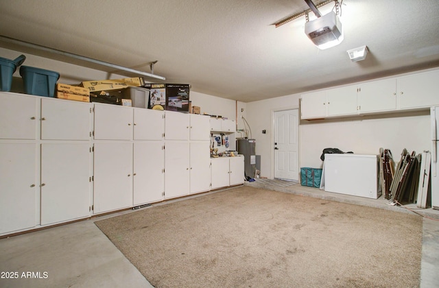 garage featuring electric water heater and a garage door opener