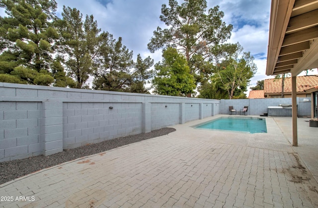 view of swimming pool featuring a fenced in pool, a fenced backyard, and a patio area