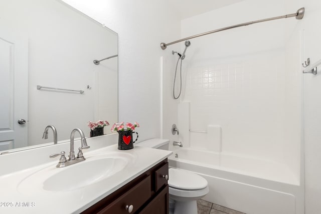 full bathroom featuring shower / bath combination, vanity, tile patterned floors, and toilet