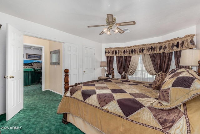 bedroom featuring visible vents, dark carpet, and a ceiling fan