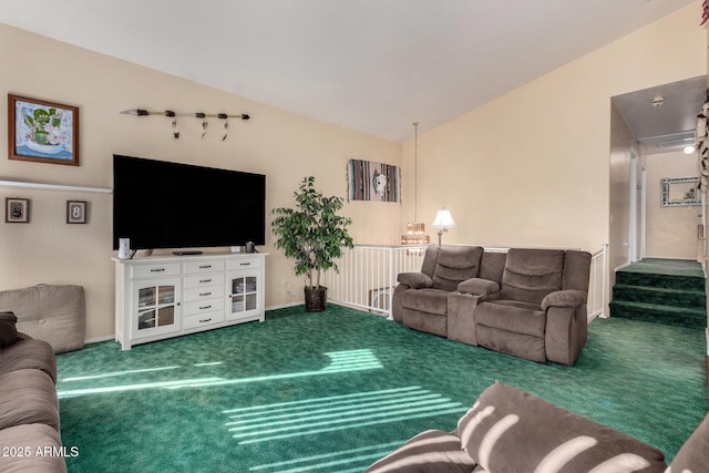 carpeted living room with lofted ceiling, stairway, and baseboards