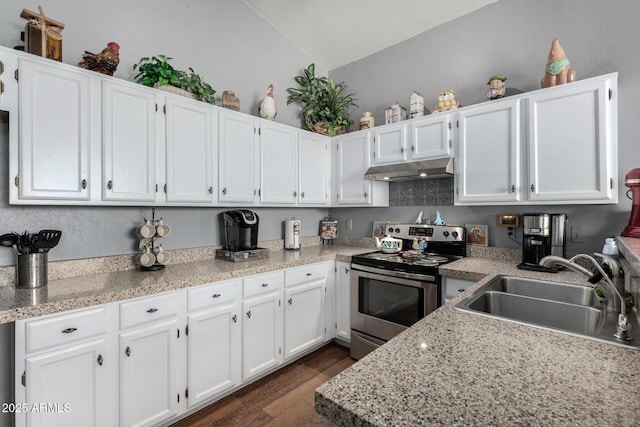 kitchen featuring white cabinetry, a sink, and stainless steel electric stove