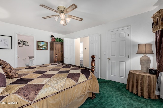 bedroom with dark carpet, connected bathroom, and a ceiling fan