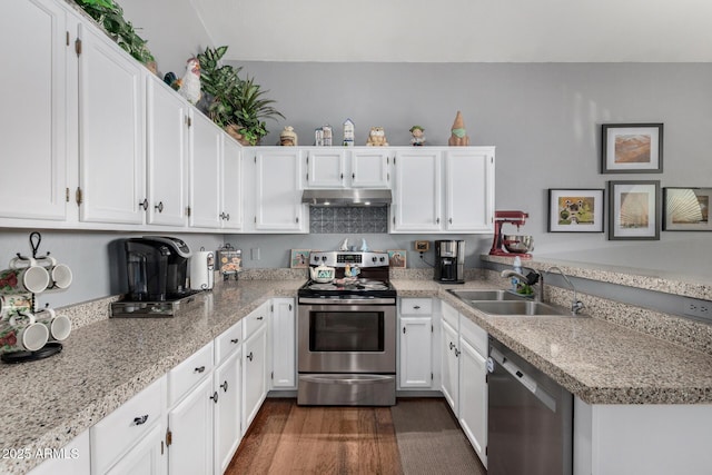 kitchen with under cabinet range hood, electric range, a sink, white cabinetry, and dishwasher