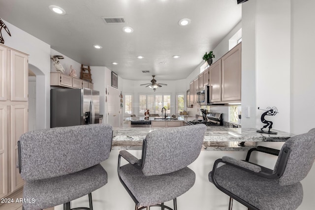 kitchen with kitchen peninsula, ceiling fan, sink, and appliances with stainless steel finishes