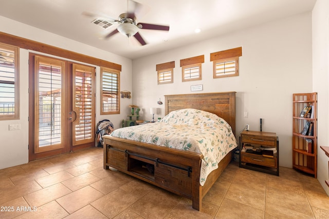 bedroom featuring visible vents, light tile patterned flooring, ceiling fan, and access to exterior