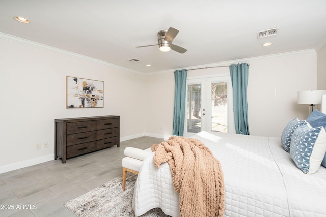 bedroom featuring access to outside, french doors, ceiling fan, and crown molding